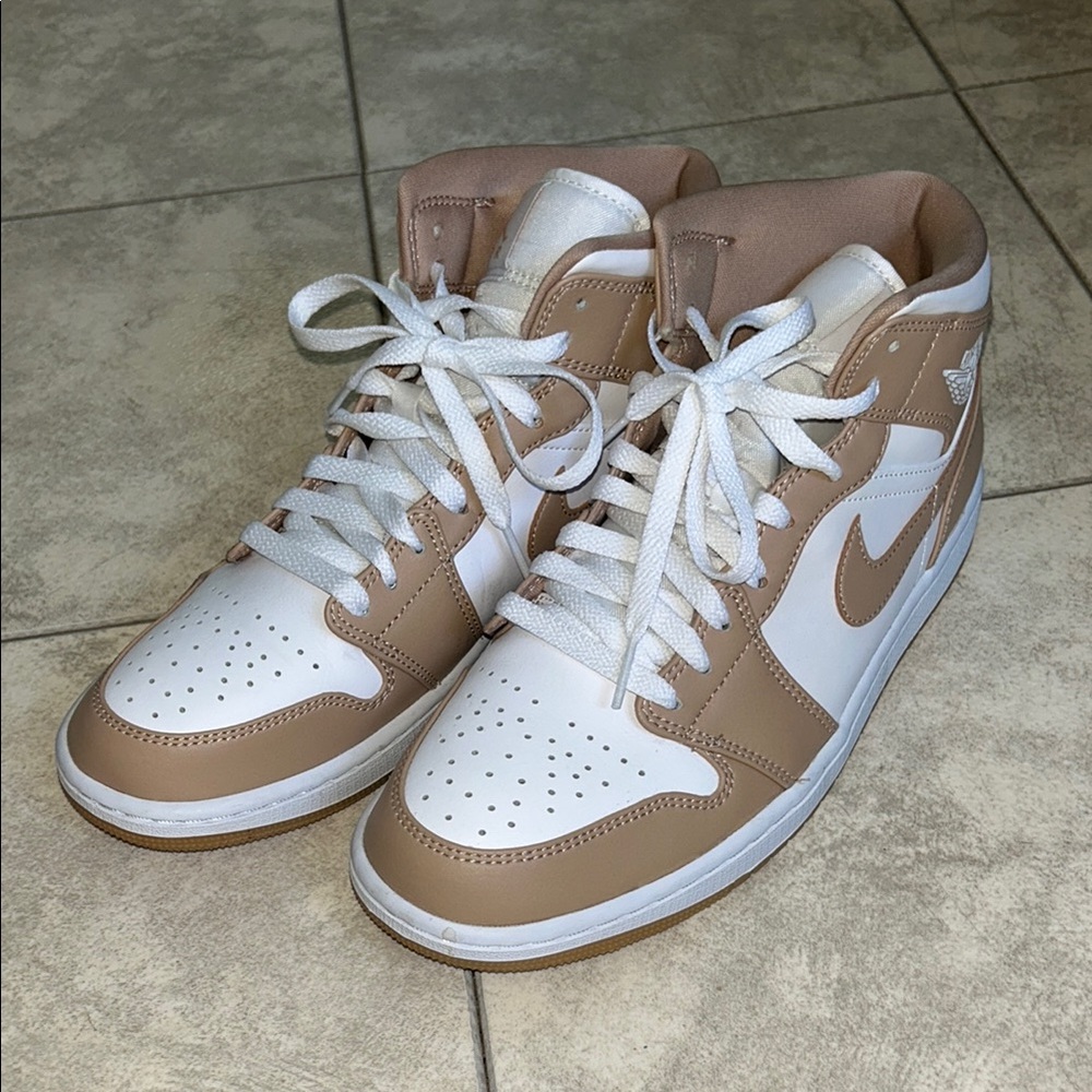 Nike Air Jordan 1 Mid Tan and White Sneakers